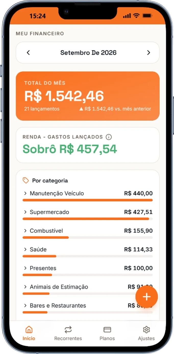 Tela inicial do Sobrô mostrando o total do mês e quanto sobrou